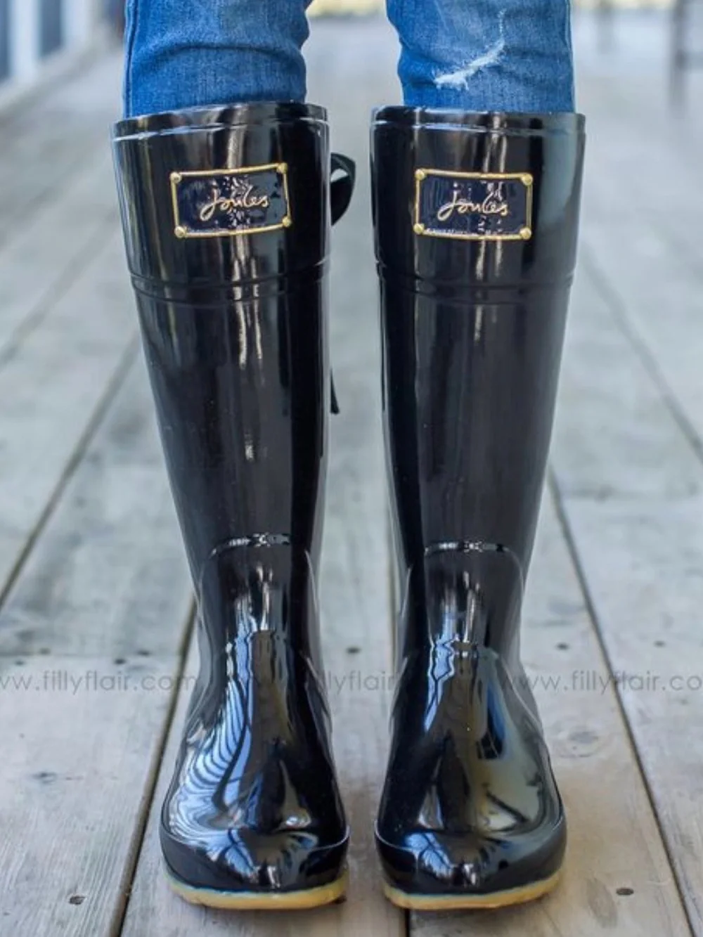 Joules Gloss Navy Tall Rain Boots with Gold Plaque Red Bows Gold Interior sz 7